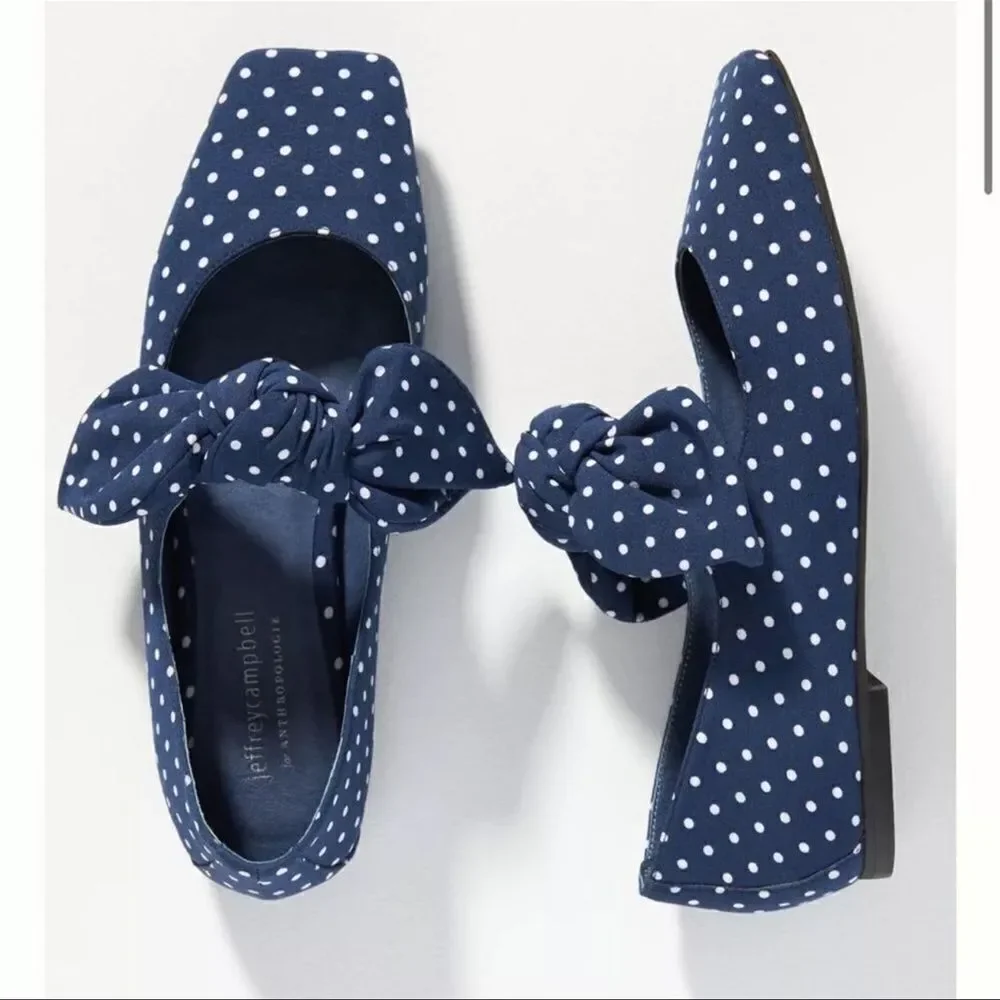 Anthropologie Jeffrey Campbell Printed polka-dot Bow Flats sz 8 navy w/white NEW